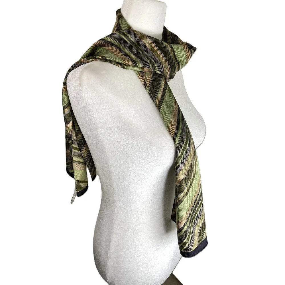 Echo Silk Scarf Green Tan Black Chevron Herringbone Striped Rectangular Wrap‎